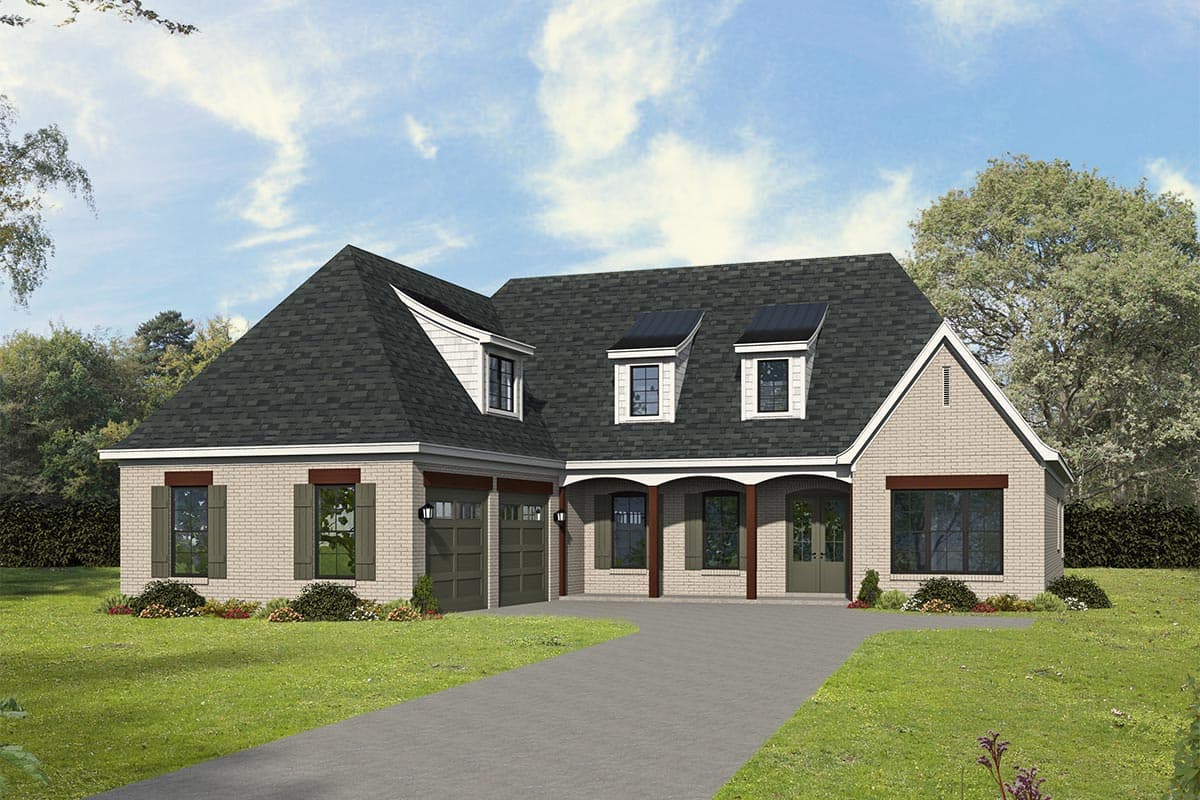 House plan exterior with brick facade, arched porch, dormers, and a three-car garage.