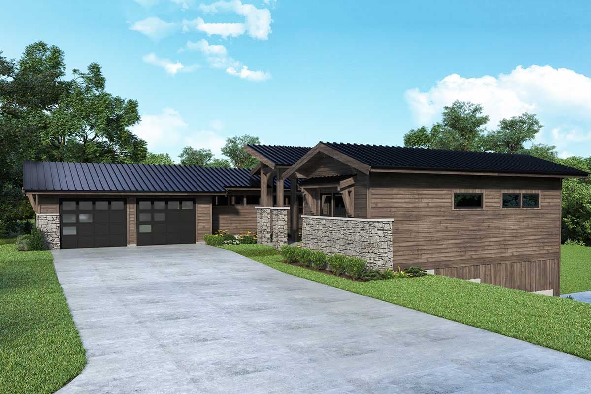 House plan exterior: modern style, single-story, dark metal roof, wood siding, stone accents, attached two-car garage.