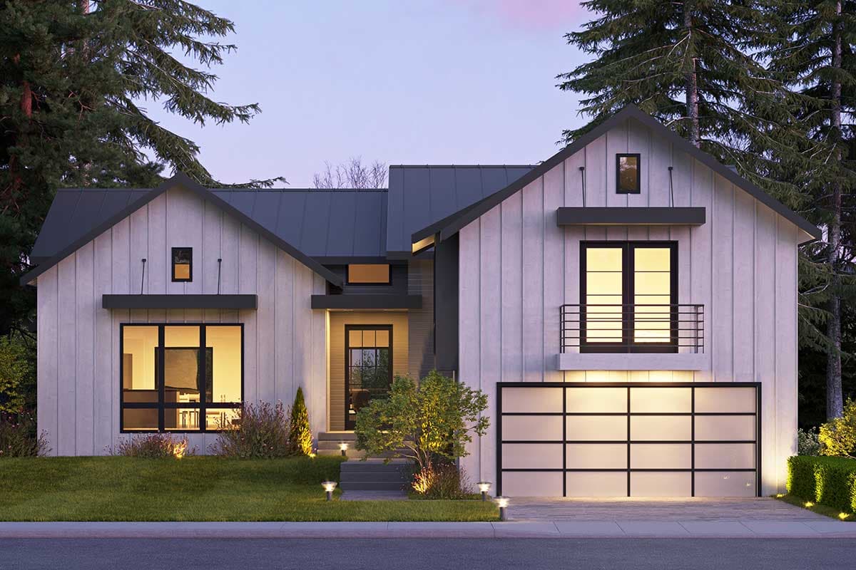 House plan exterior. Modern Farmhouse style, two stories, with a front-facing garage, gabled rooflines, and a second-story balcony.