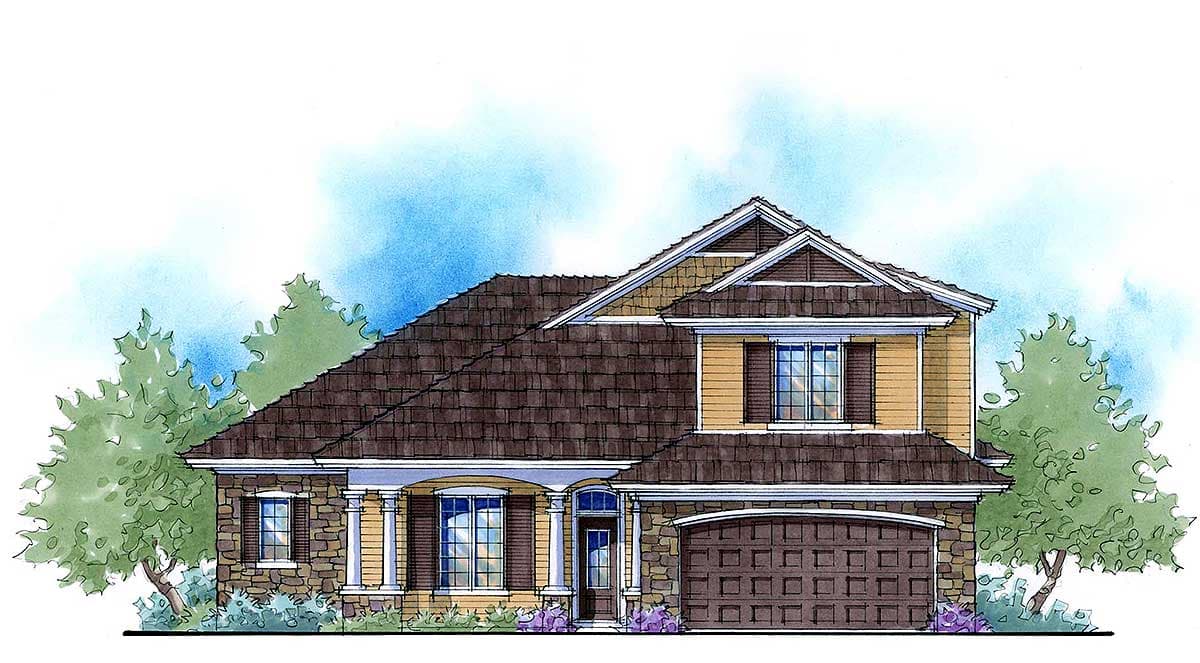House plan exterior: Two-story home with stone accents, covered entry porch with columns, and a two-car garage.
