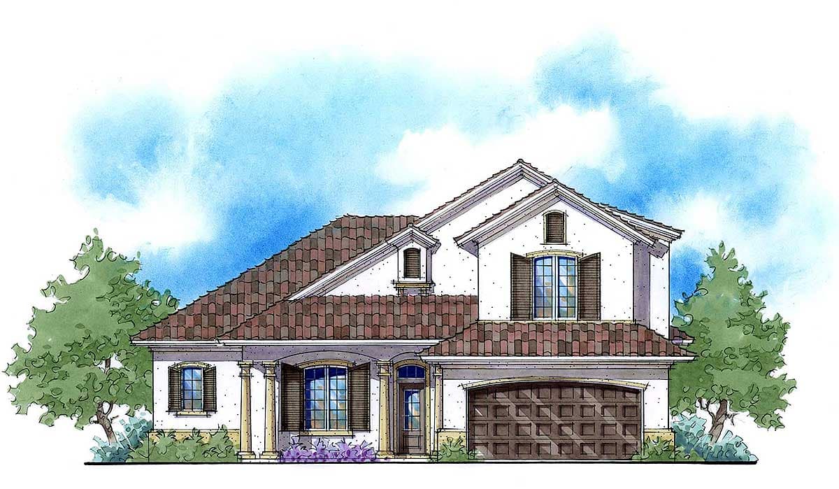 House plan exterior: Mediterranean style, two stories, arched garage, tiled roof, and dormer.