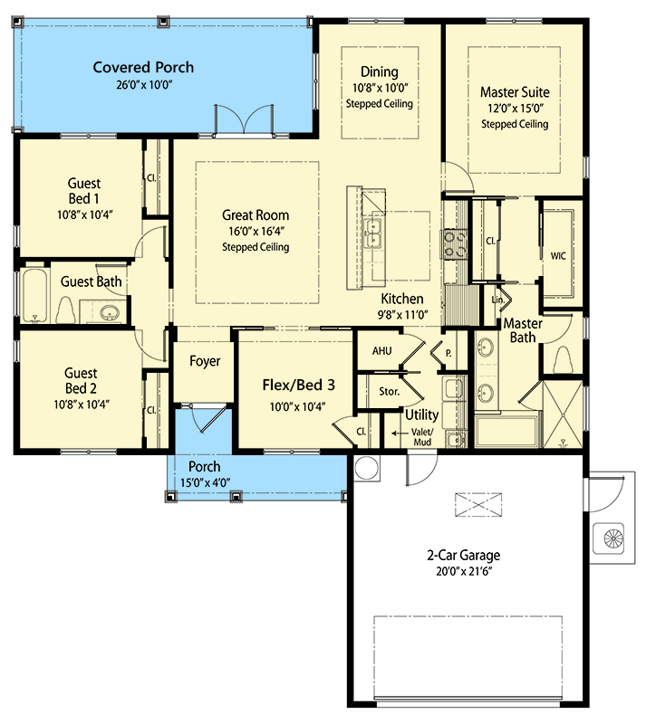 Plan 33117ZR: Contemporary One-Story House Plan with Flex Room - 1619 Sq Ft - Floor Plan - Main Level - Ranch, Southern, Traditional
