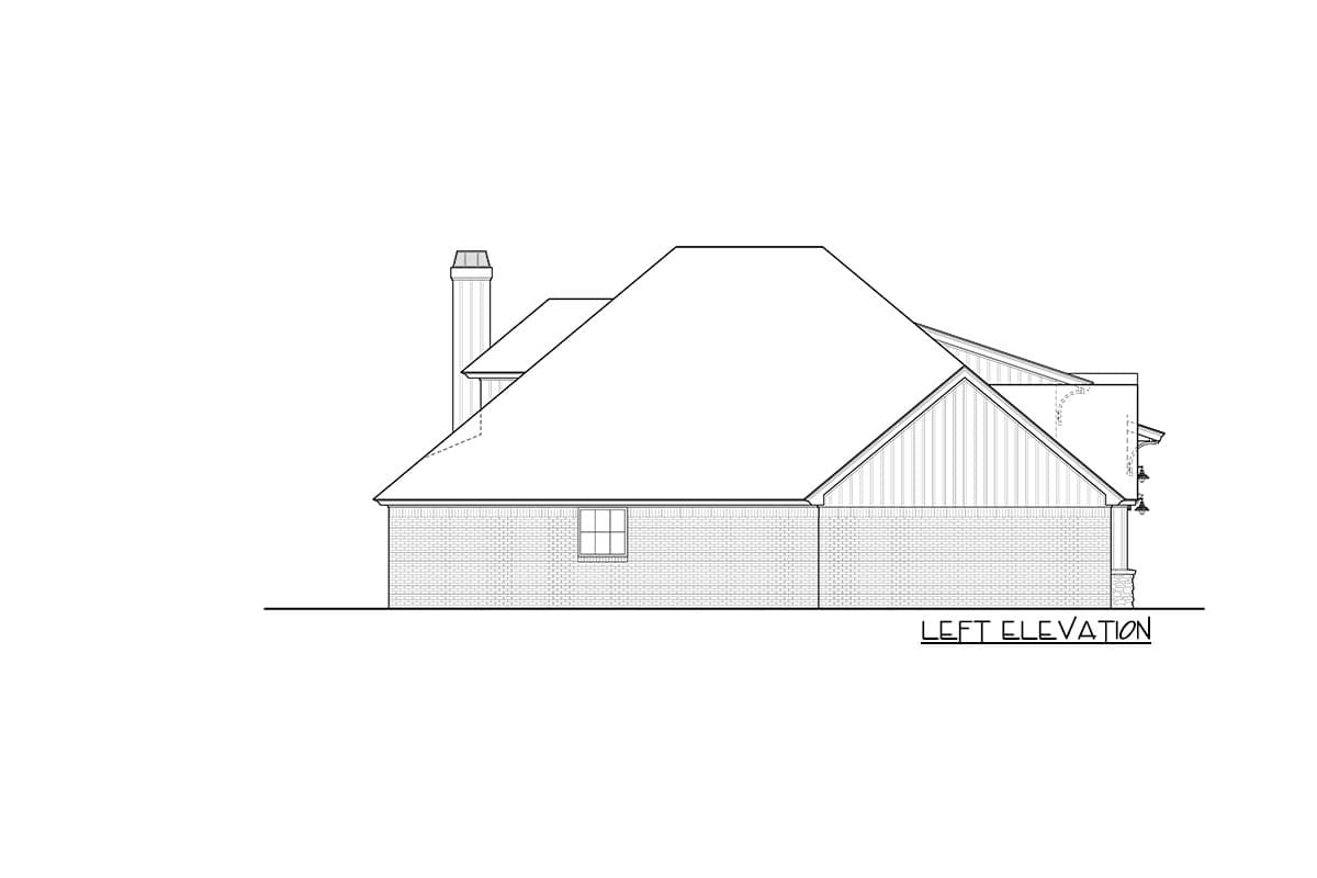 Left elevation drawing of a house plan showing brick base, gable siding, hip roof, and chimney.