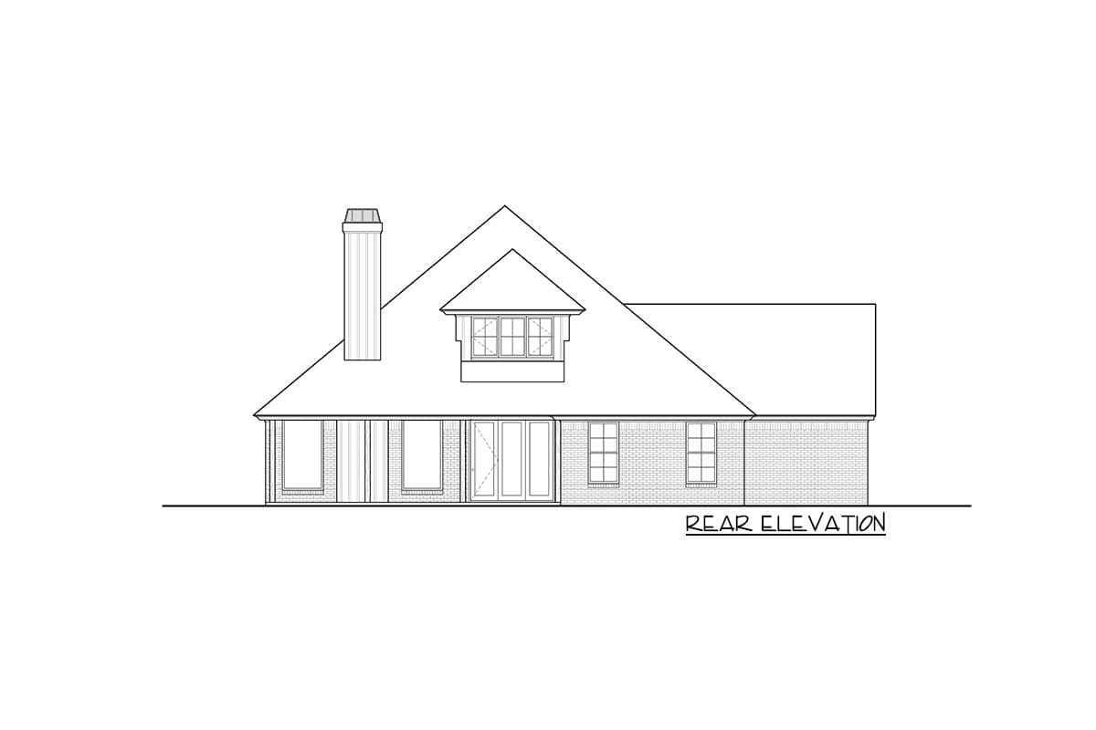 Rear elevation house plan drawing showing a brick house with a prominent chimney, dormer window, and large glass doors.