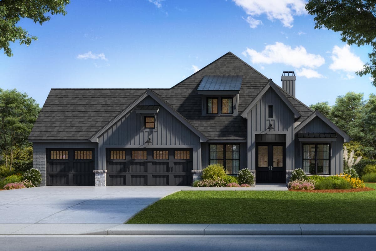 House plan exterior. Modern farmhouse style with gabled roof, dormers, and a three-car garage. Two stories with board and batten siding.