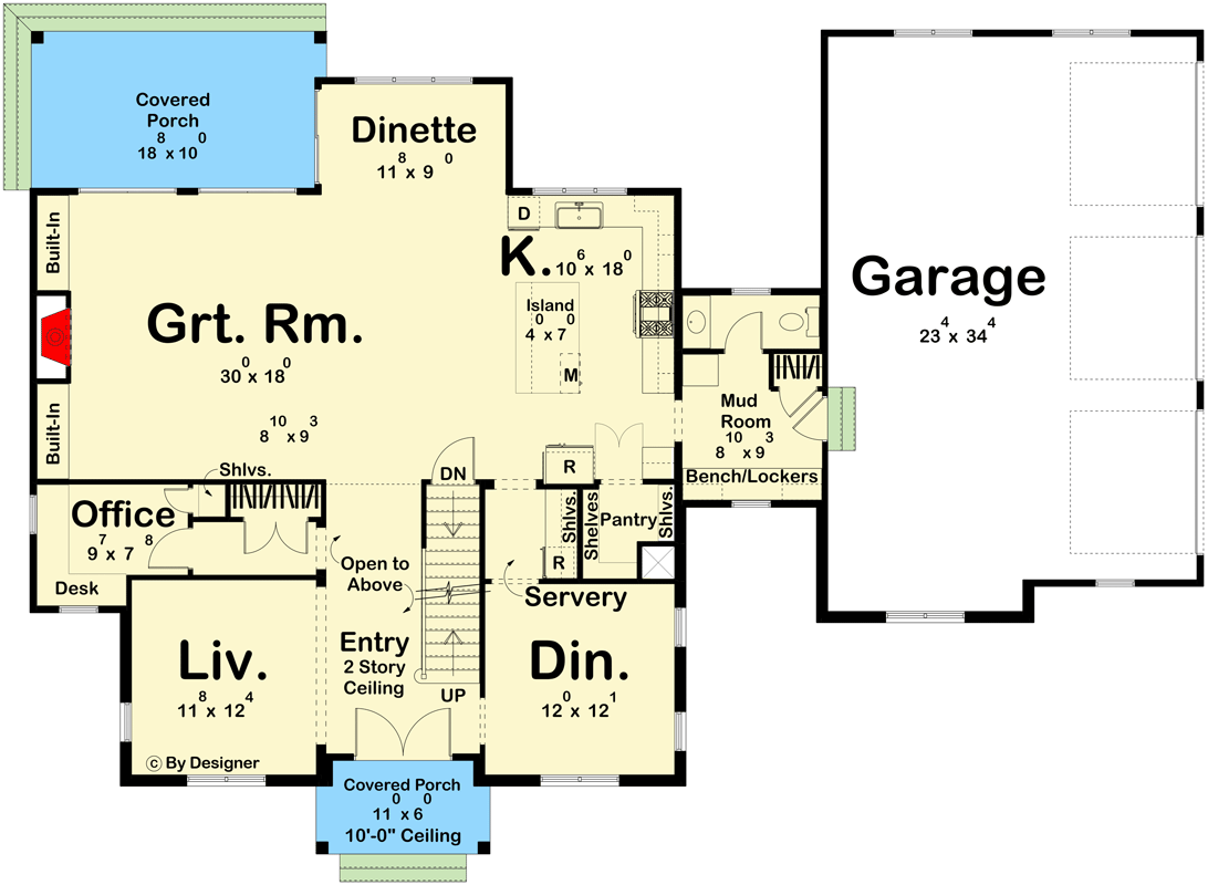Plan 623052DJ: Transitional 2-Story Modern Cottage with Bedrooms and Laundry Upstairs - Floor Plan - Main Level - Contemporary, Cottage, European, Transitional