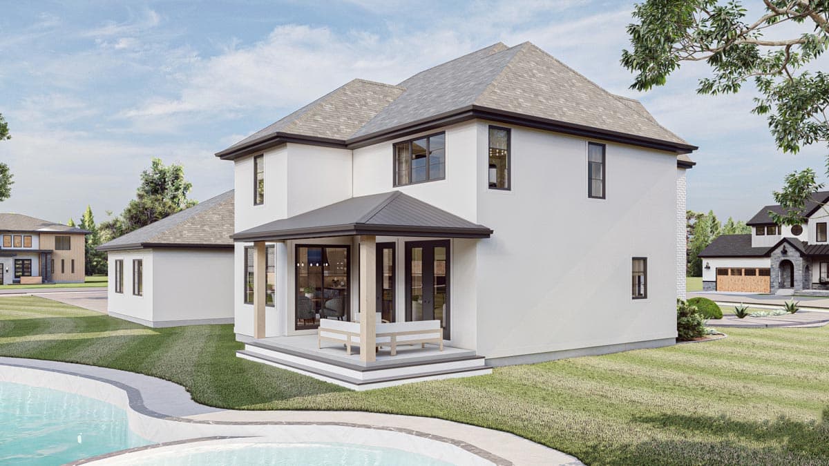 Modern two-story house plan exterior with a covered patio, large windows, and gabled rooflines.