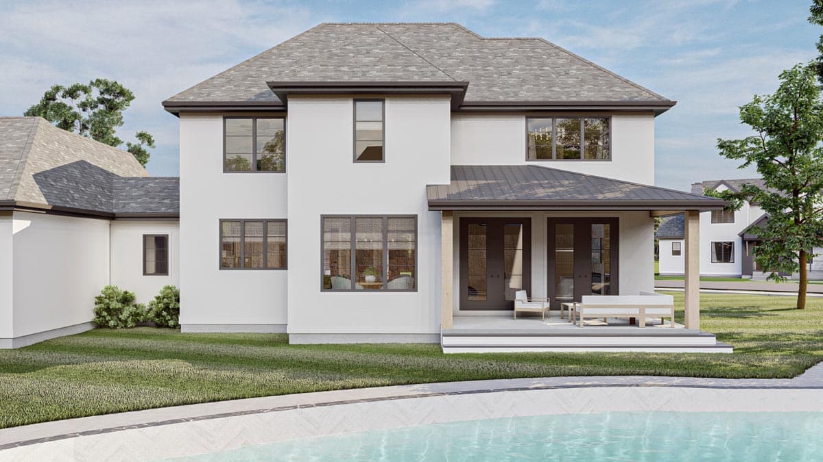 Modern two-story house plan exterior with a hipped roof, white stucco facade, and covered porch with double doors.