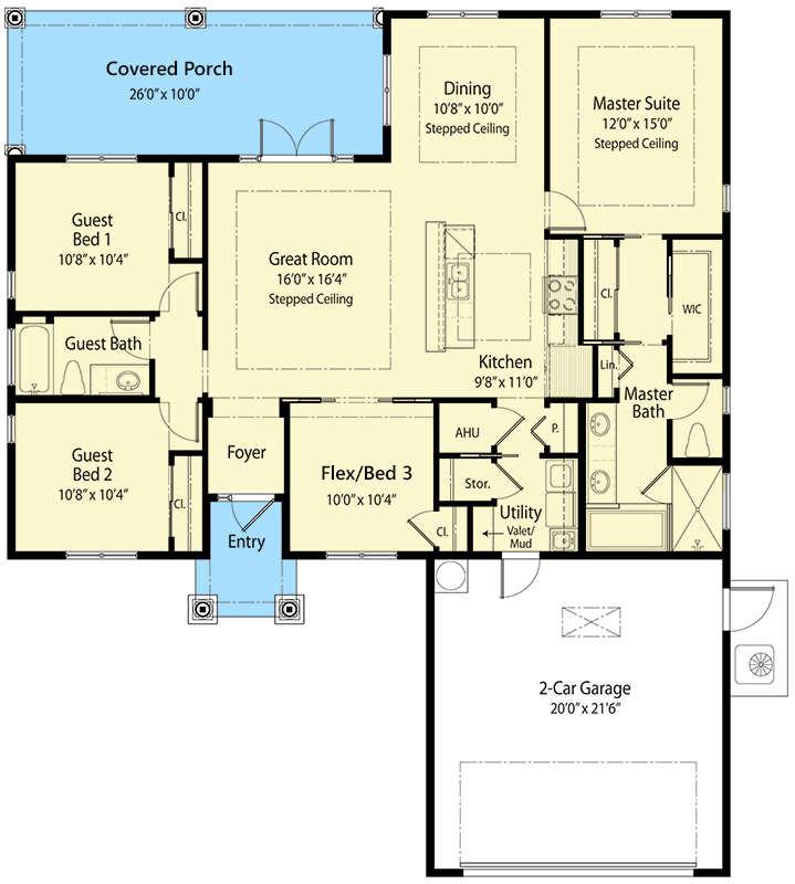 Plan 33119ZR: One-Level House Plan with Stone and Stucco Exterior and a Flex Room - 1619 Sq Ft - Floor Plan - Main Level - European, Mediterranean, Ranch, Southern