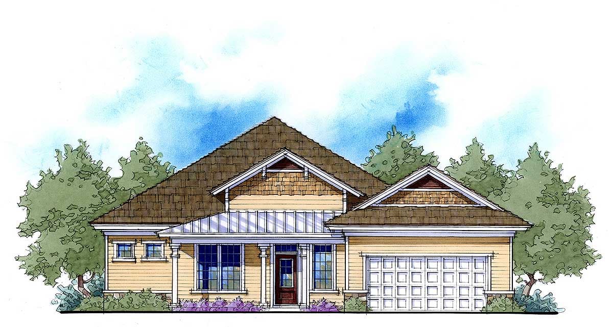House plan exterior: Ranch style with prominent gables, shingle siding, covered porch, and attached two-car garage.