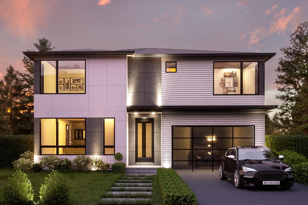 House plan exterior. Two-story Modern house with a flat roof, large windows, and a glass-paneled garage door. A dark car is parked in the driveway.