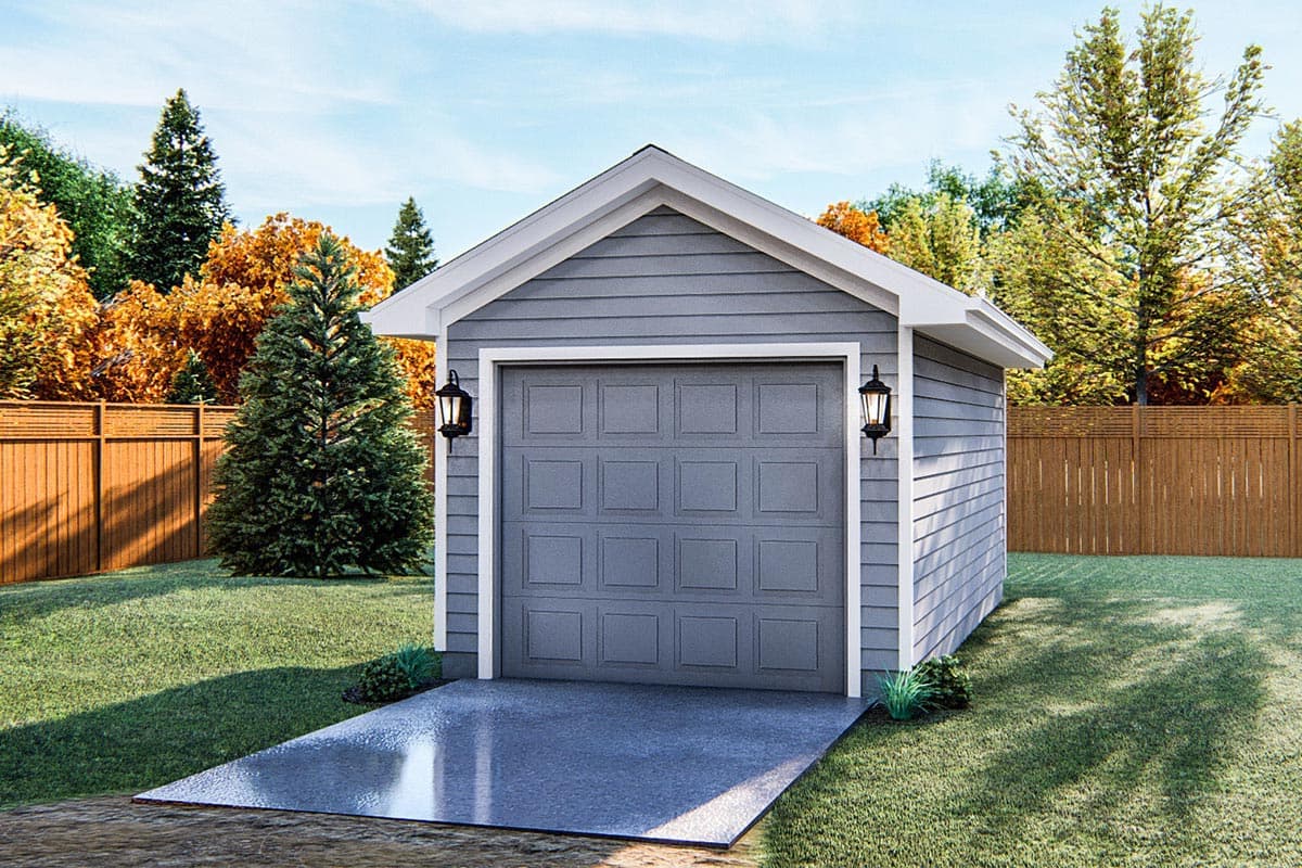 House plan exterior. Single-story garage with a gabled roof, horizontal siding, and a single-car garage door. Features a concrete driveway.