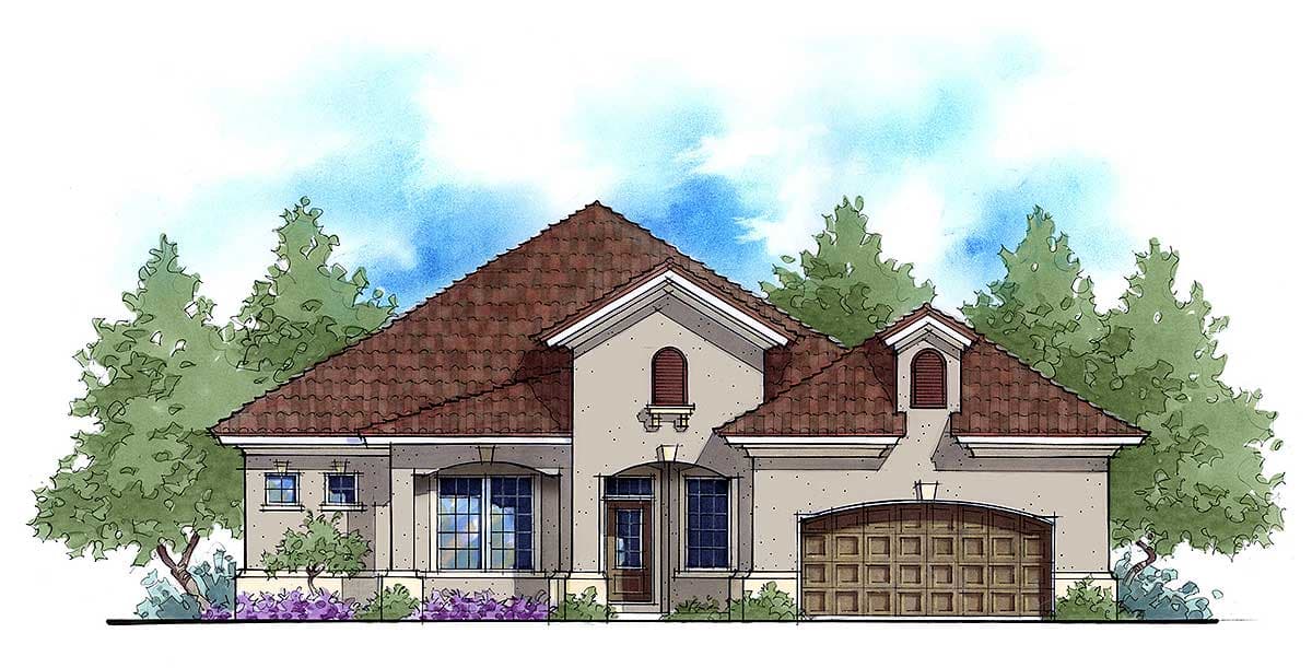 House plan exterior featuring a Mediterranean style, a prominent gabled roof with dormers, arched entry, and a side-facing garage.