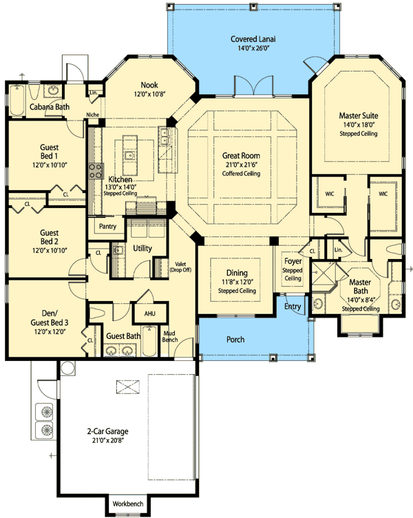 Plan 33123ZRX: One-Story Home Plan with Flex Room and Large Rear Covered Porch - 2529 Sq Ft - Floor Plan - Main Level - Ranch, Traditional