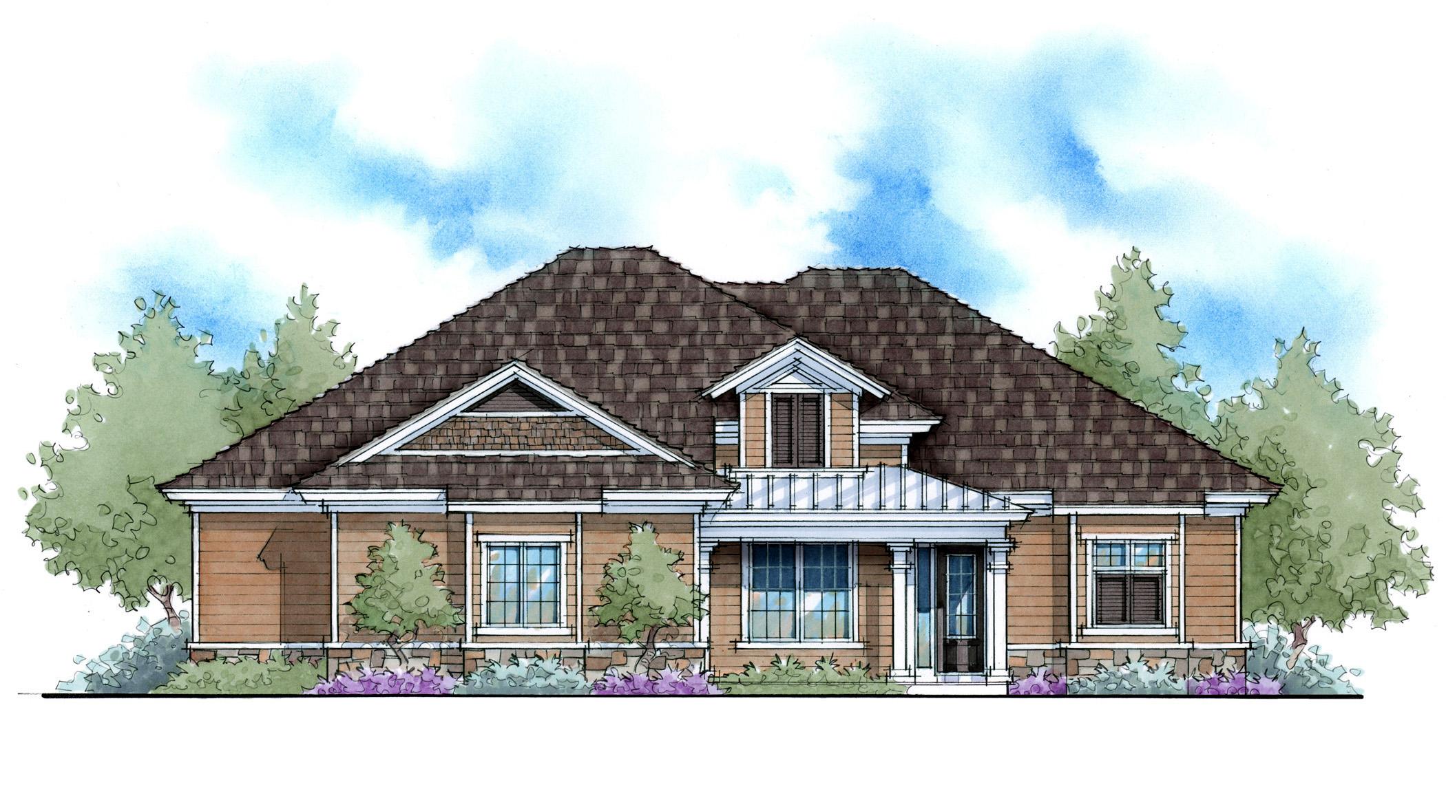House plan exterior of a one-story home with a gabled dormer, wide covered entry, and cedar shake accents.