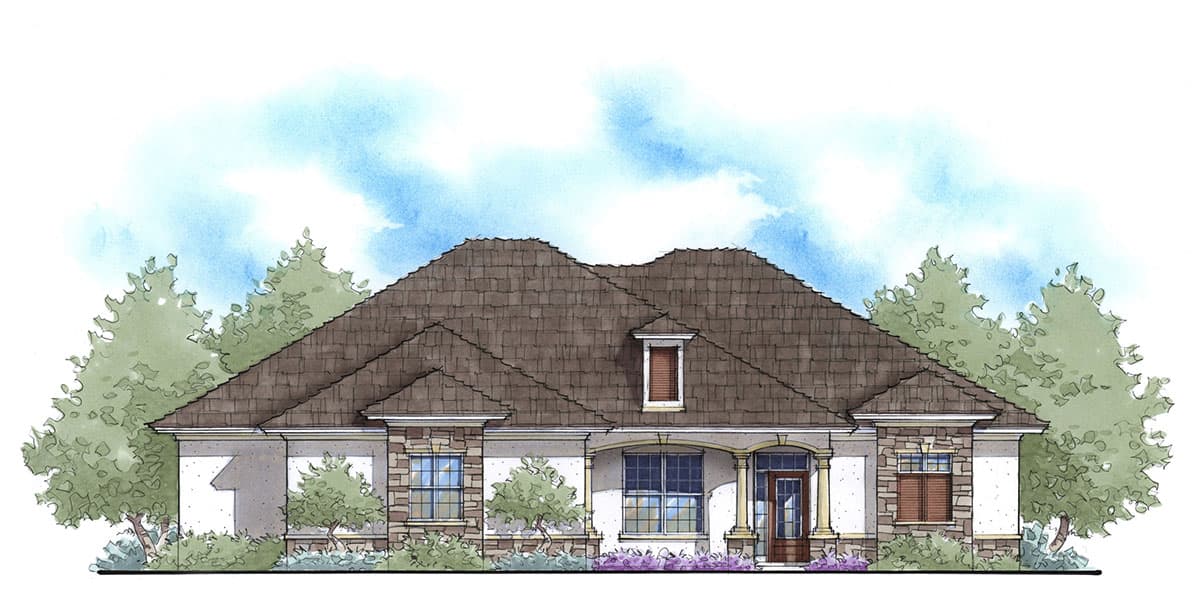 House plan exterior: One-story home with a hip roof, arched entryway, stone accents, dormer, and multiple windows.