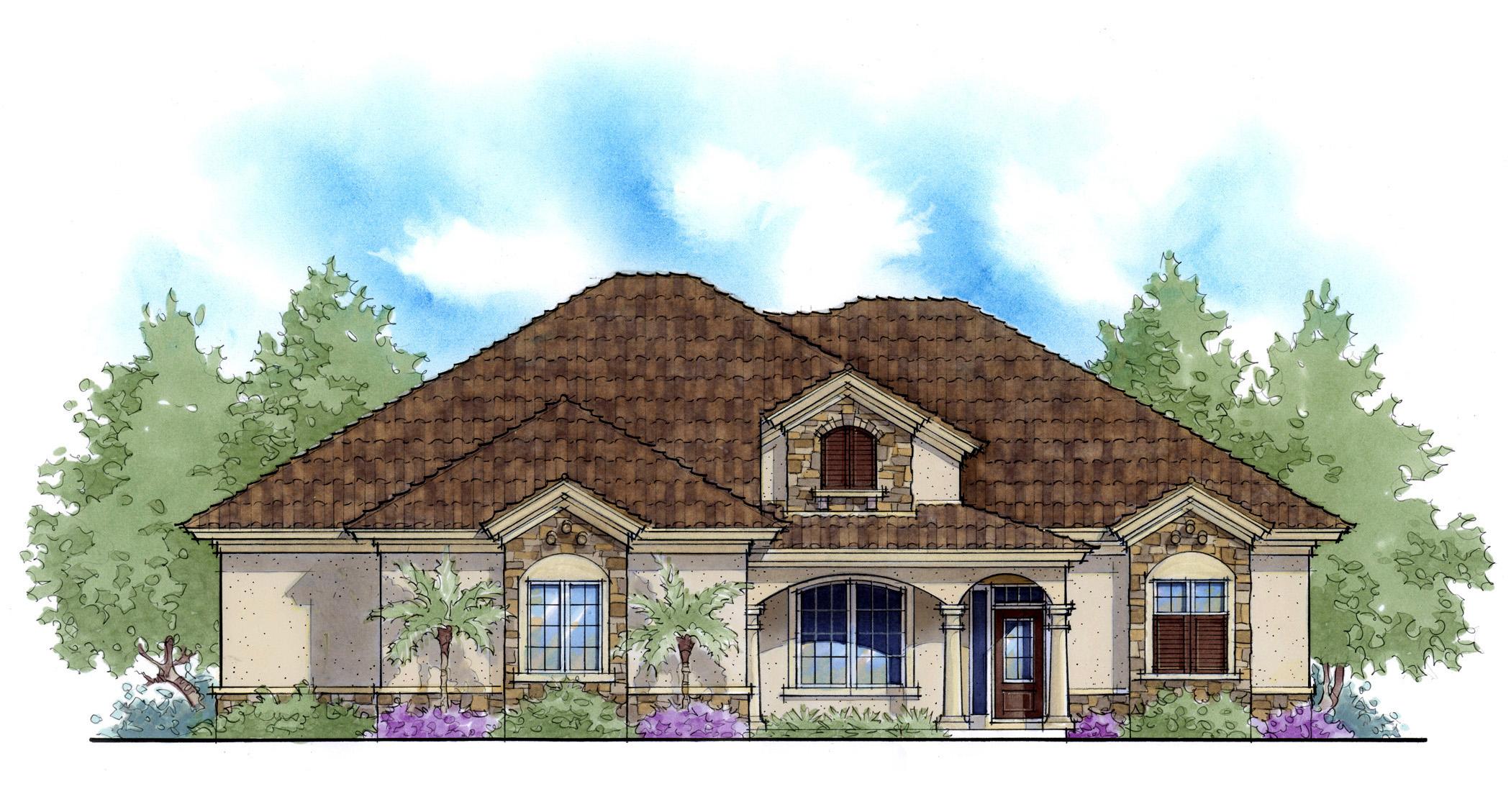 House plan exterior: one-story Mediterranean style with tiled roof, arched entry, multiple gables, and stone accents.