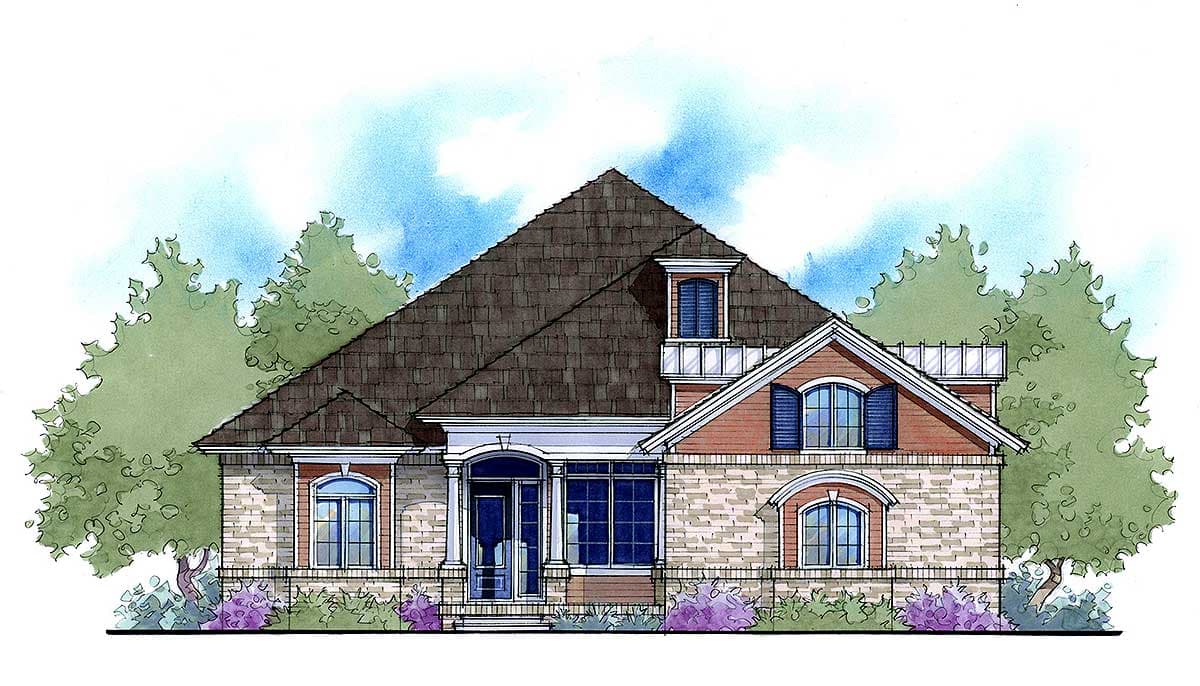 House plan exterior featuring a prominent gambrel roof, arched windows, a dormer, and a covered entry porch with columns.