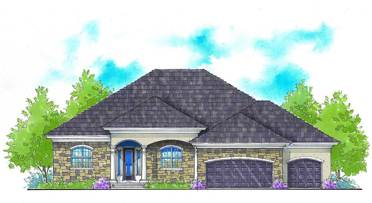 House plan exterior: One-story home with stone facade, arched entryway, arched windows, and a three-car garage with arched doors.