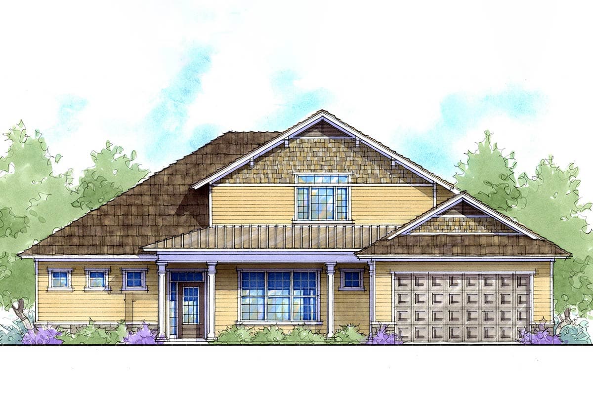 House plan exterior: Craftsman style, one story, featuring a prominent front porch with columns and a multi-pane garage door.