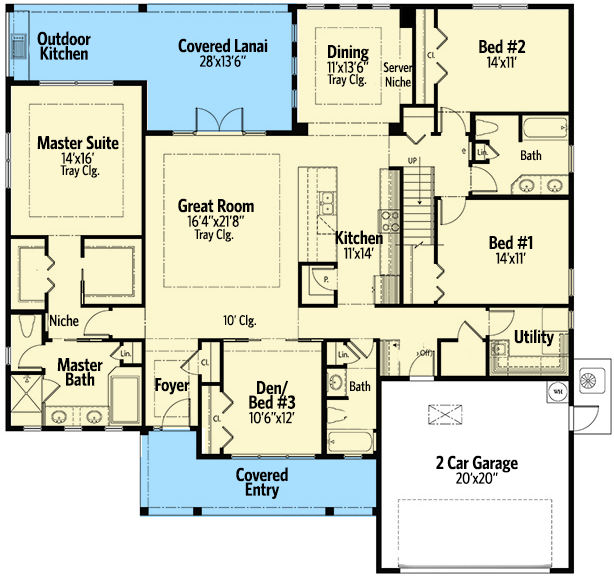 Plan 33132ZRX: 1 Story House Plan with Flex and Bonus Rooms - 2750 Square Feet - Floor Plan - Main Level - Traditional