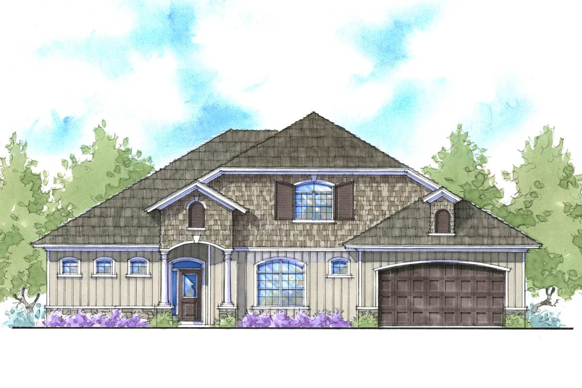 House plan exterior with shake siding, a multi-gabled roof, arched windows, dormers, and a two-car garage.