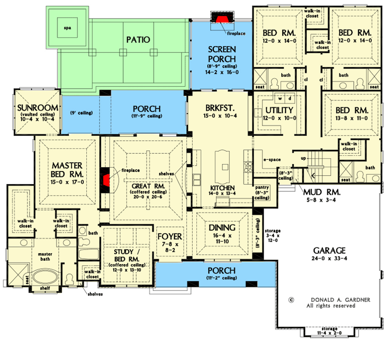 Plan 444051GDN: Traditional Craftsman Plan with Screened Porch and Elegant Ceiling Treatments - Floor Plan - Main Level - Craftsman, Traditional