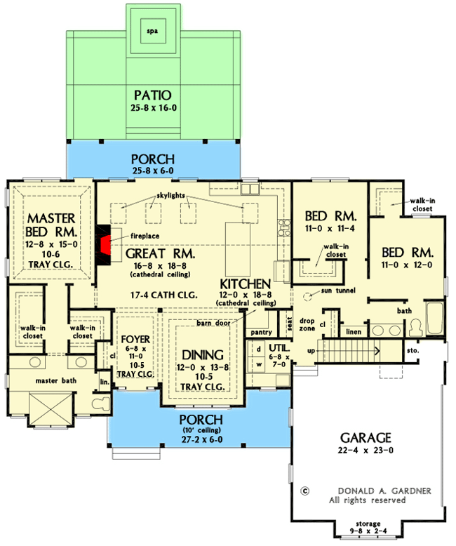 Plan 444052GDN: Modern Farmhouse with Front and Back 6'-deep Porches and a Bonus Room with Bath - Floor Plan - Main Level - Country, Craftsman, Modern Farmhouse, New American