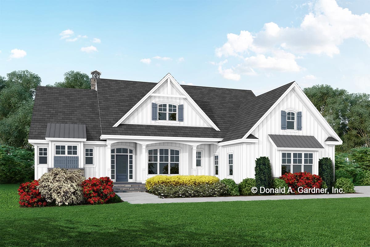 House plan exterior. Two-story Modern Farmhouse with gables, porch, and dormers. Features dark roof, white siding, and decorative shutters.