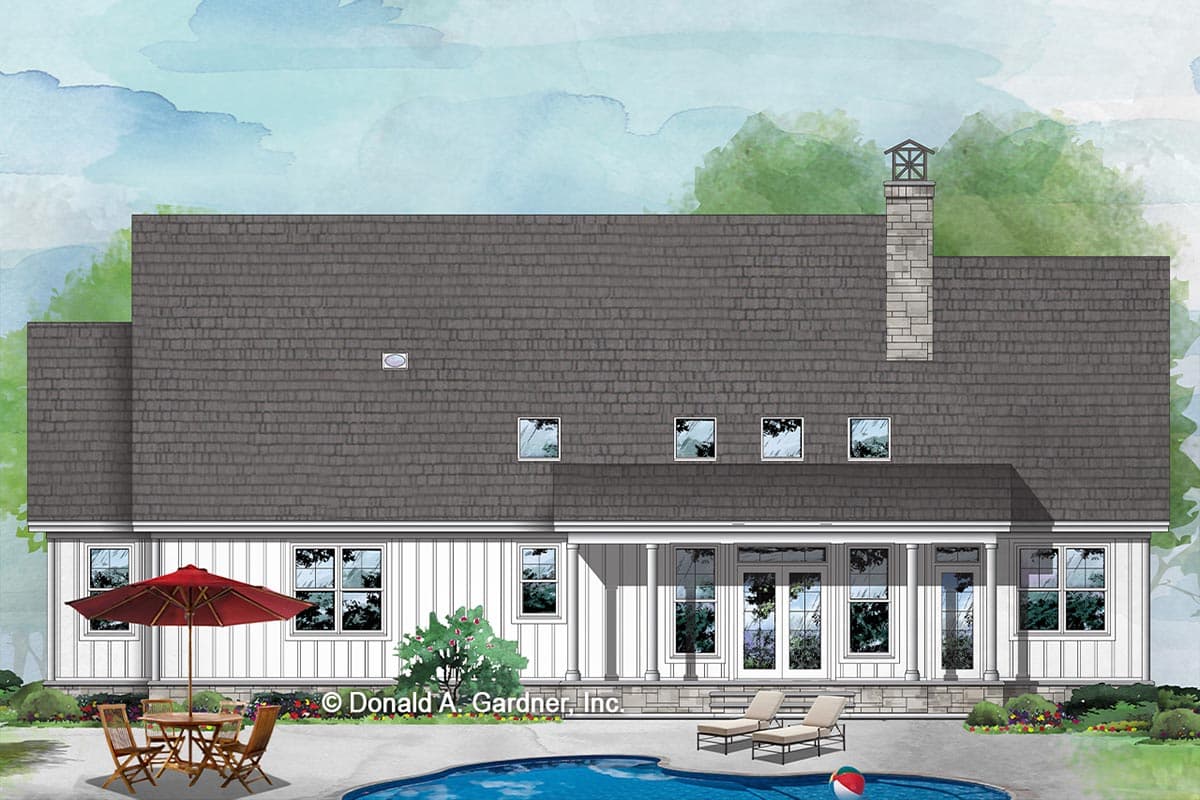 House plan exterior: Two-story residence with a dark shingle roof, prominent stone chimney, and large windows overlooking a pool.
