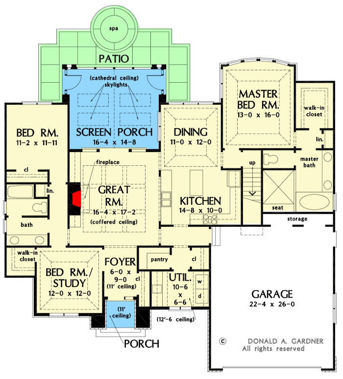 Plan 444053GDN: European Cottage with Vaulted Rear Screen Porch with 17' Ceiling - Floor Plan - Main Level - Cottage, European, French Country