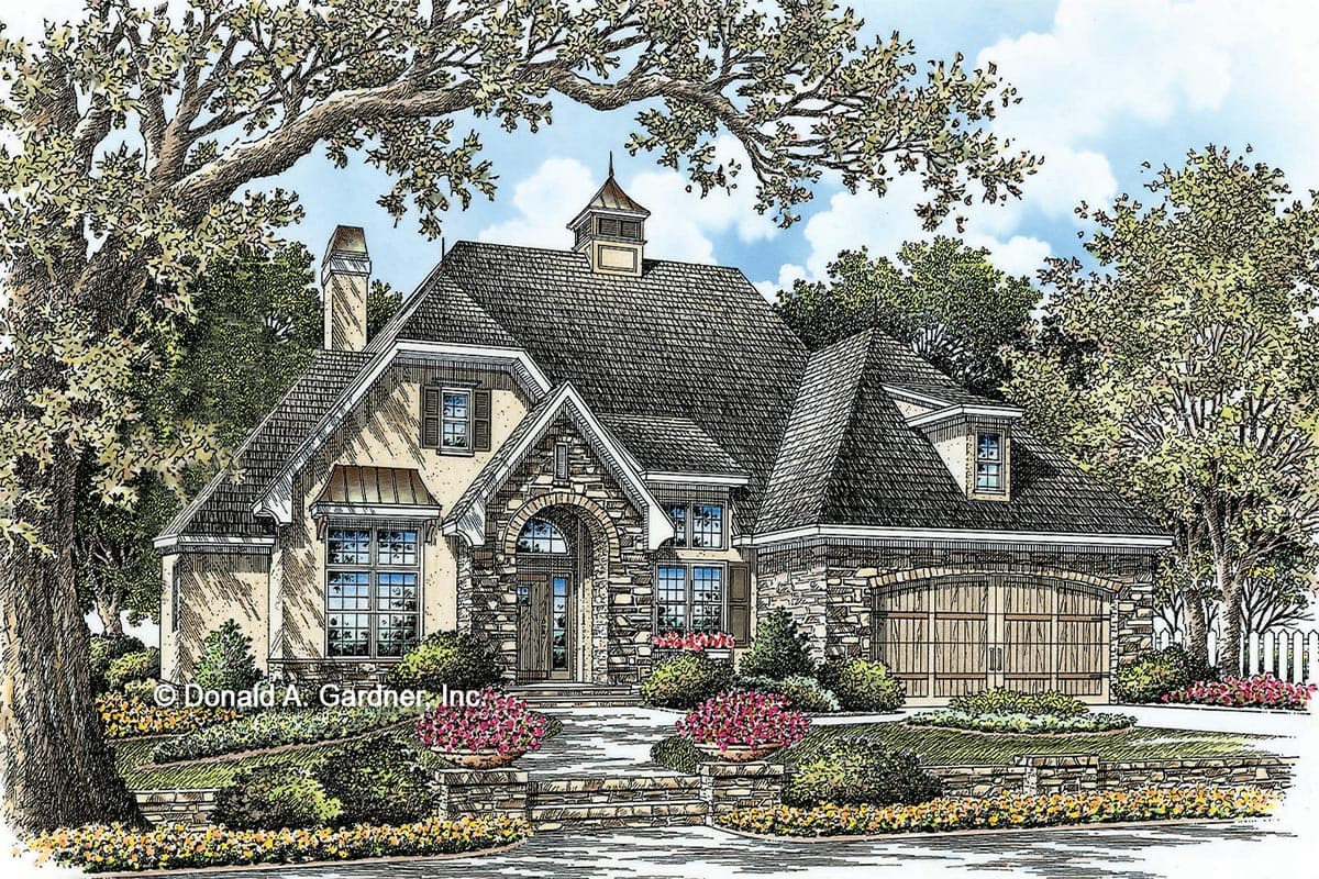 House plan exterior. Two-story with stone facade entry. Features include gabled roof, dormers, and attached garage. Cupola detail on roof.
