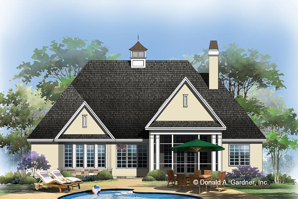 House plan exterior shows a one-story home with multiple gables, a cupola, large windows, and a covered patio area.