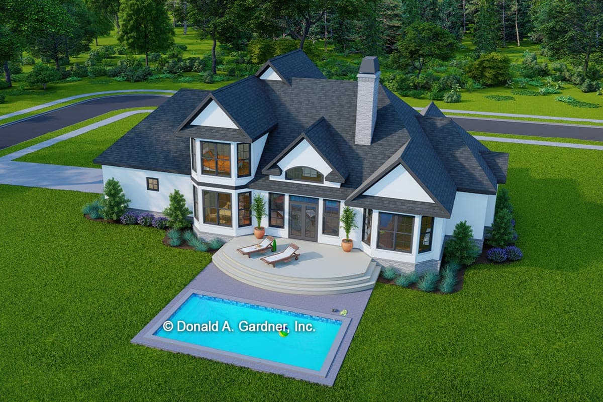 House plan exterior: Two-story modern home with multiple gables, a prominent stone chimney, bay windows, and a rear patio with a pool.