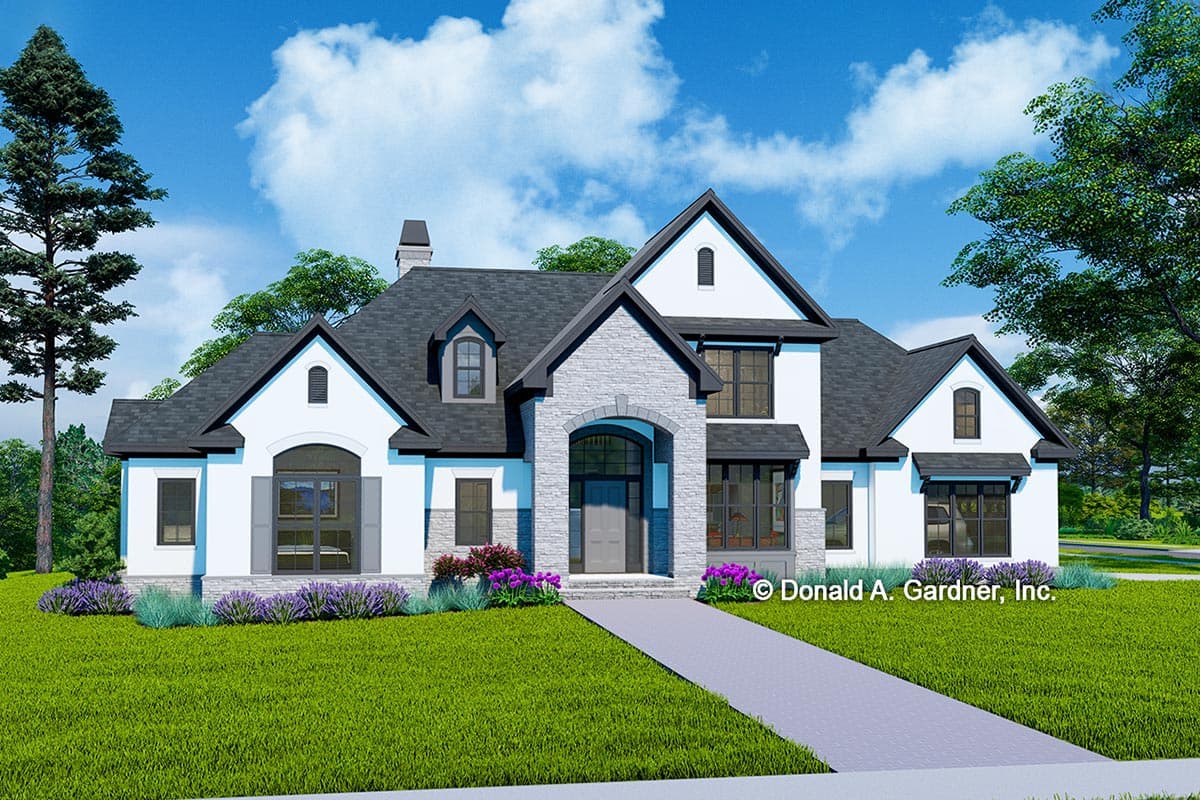 House plan exterior with stone accents, dark roof, multiple gables, and arched entryway. Two-story with dormers and large windows.