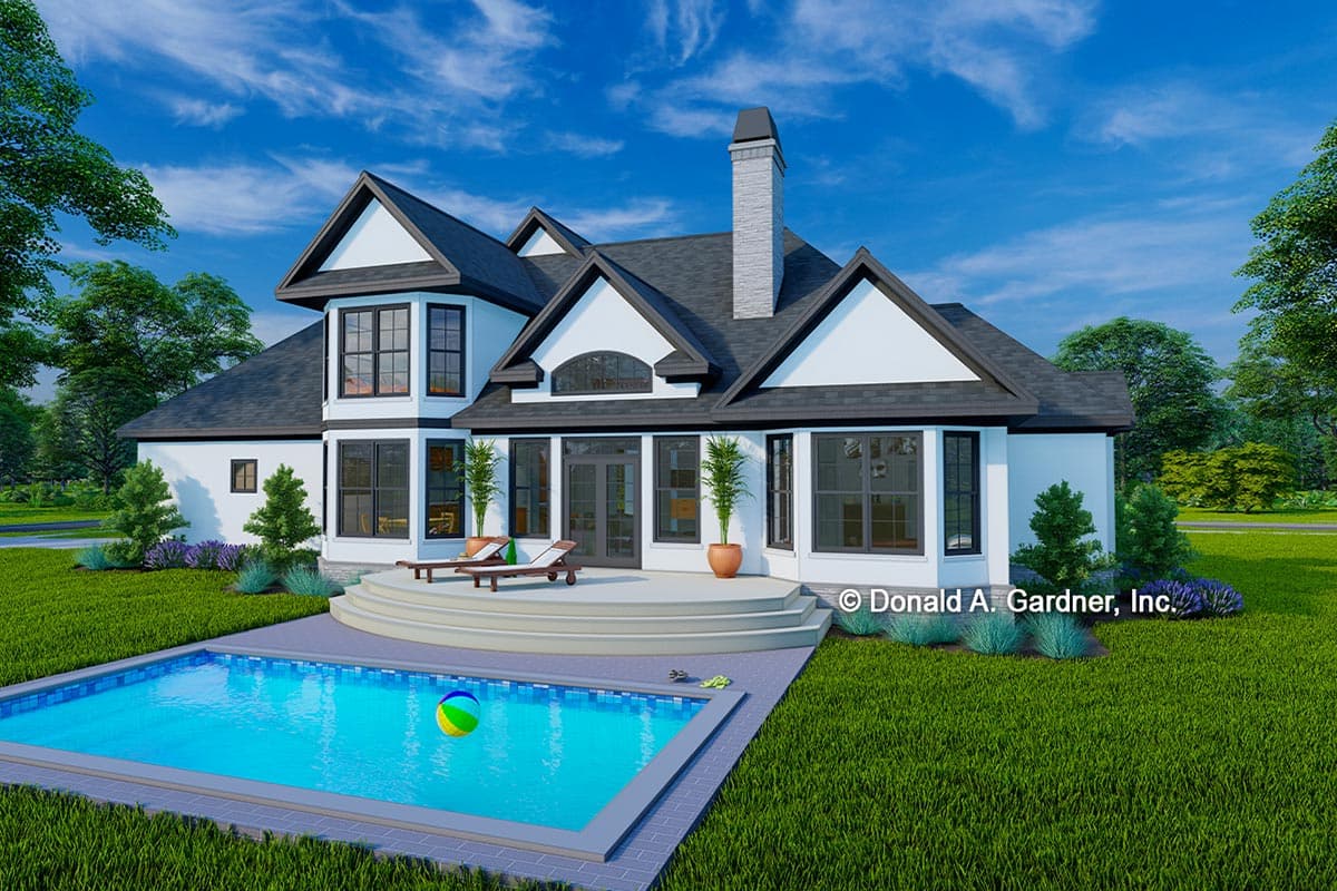 House plan exterior of a two-story home with a prominent chimney, multiple gables, and a rear patio with pool.