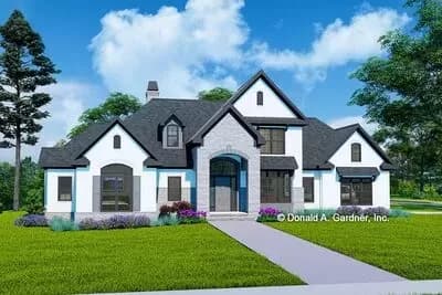 Two-story European Home Plan with Stone and Stucco Facade