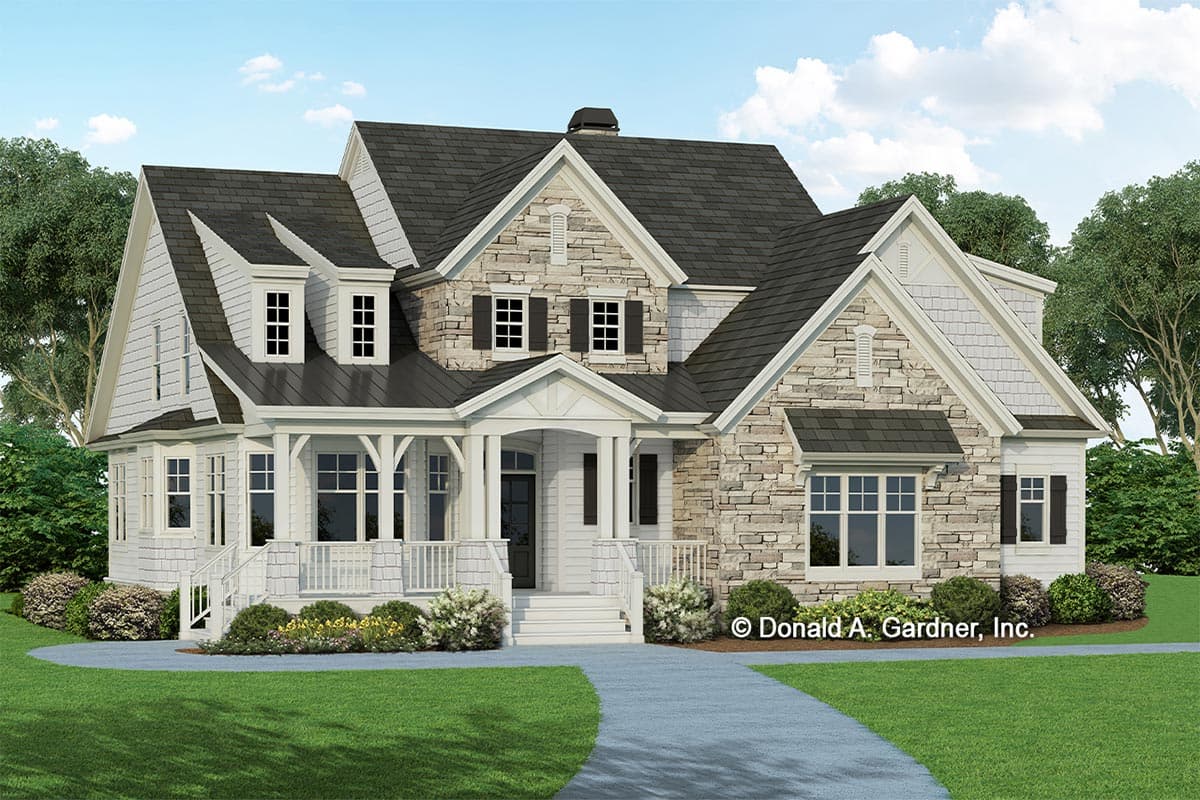 House plan exterior. Two-story, Craftsman-style home with stone and shingle siding. Features include a front porch, gables, and multiple dormers.
