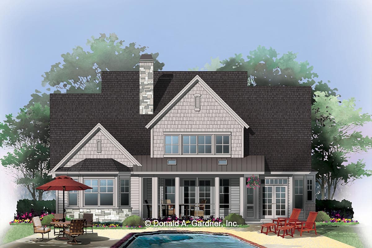 House plan exterior with a prominent stone chimney, multiple gables, and a covered porch with large windows and double doors.