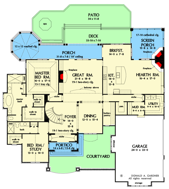 Plan 444059GDN: French Country Manor with 2-Story Foyer and Great Room - Floor Plan - Main Level - European, French Country