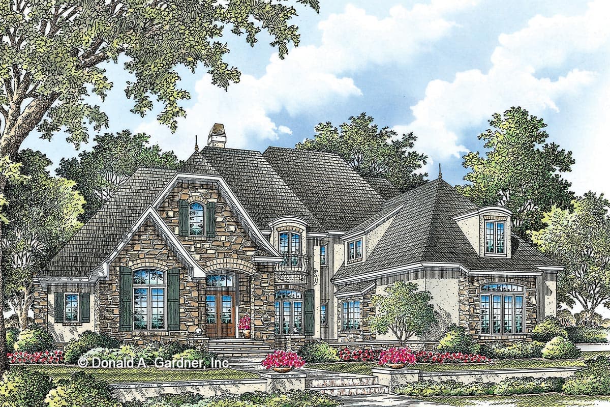 House plan exterior. Two-story home with stone facade, multiple gables, and a front entry portico. Features dormers, and a multi-level roofline.