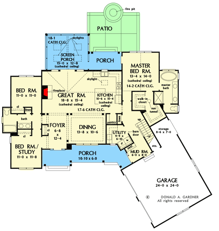 Plan 444065GDN: One-story Rustic Modern Farmhouse with Angled 2-Car Garage - Floor Plan - Main Level