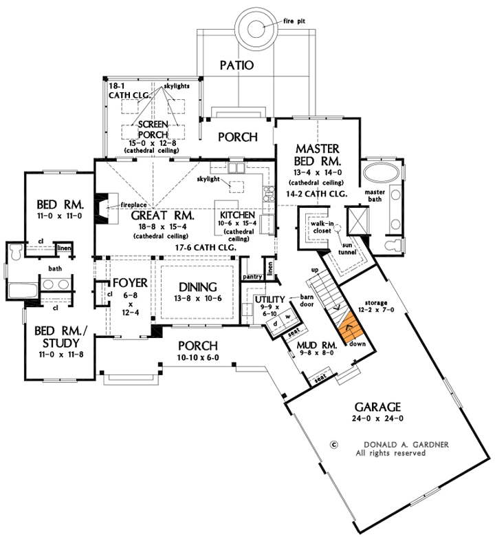 Plan 444065GDN: One-story Rustic Modern Farmhouse with Angled 2-Car Garage - Floor Plan - Basement Option