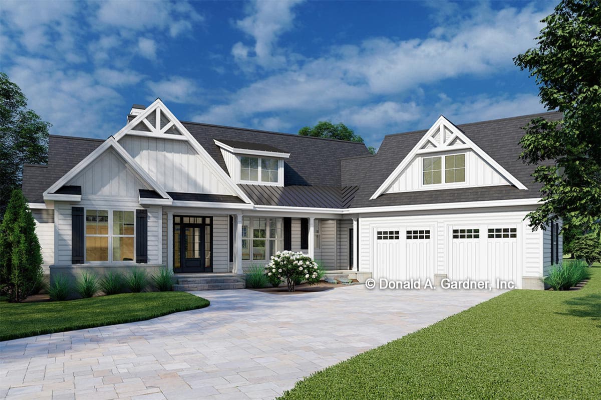 House plan exterior featuring a two-story farmhouse style with a gable roof, dormers, and a two-car garage. Stone paver driveway visible.