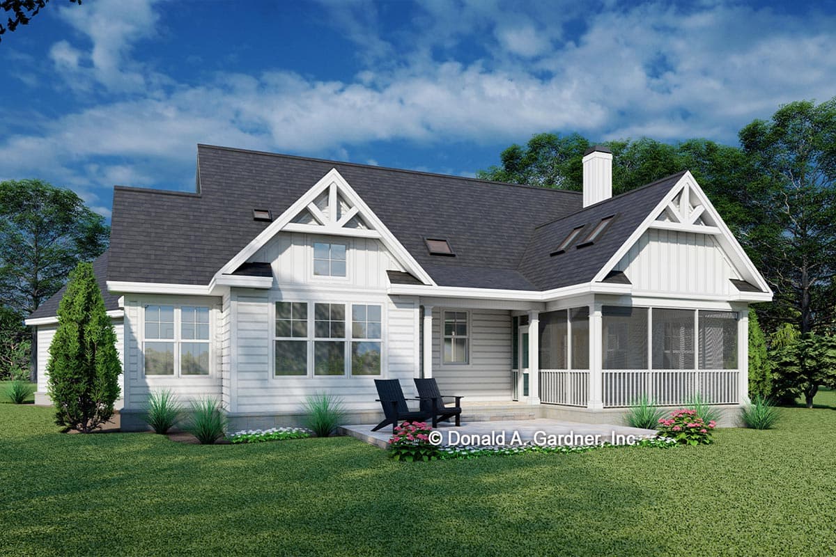 House plan exterior: Modern Farmhouse style, one-story with gables, dormers, screened porch, and prominent chimney.