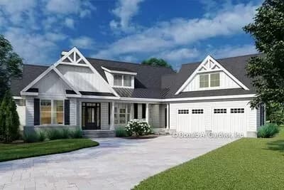 One-story Rustic Modern Farmhouse with Angled 2-Car Garage