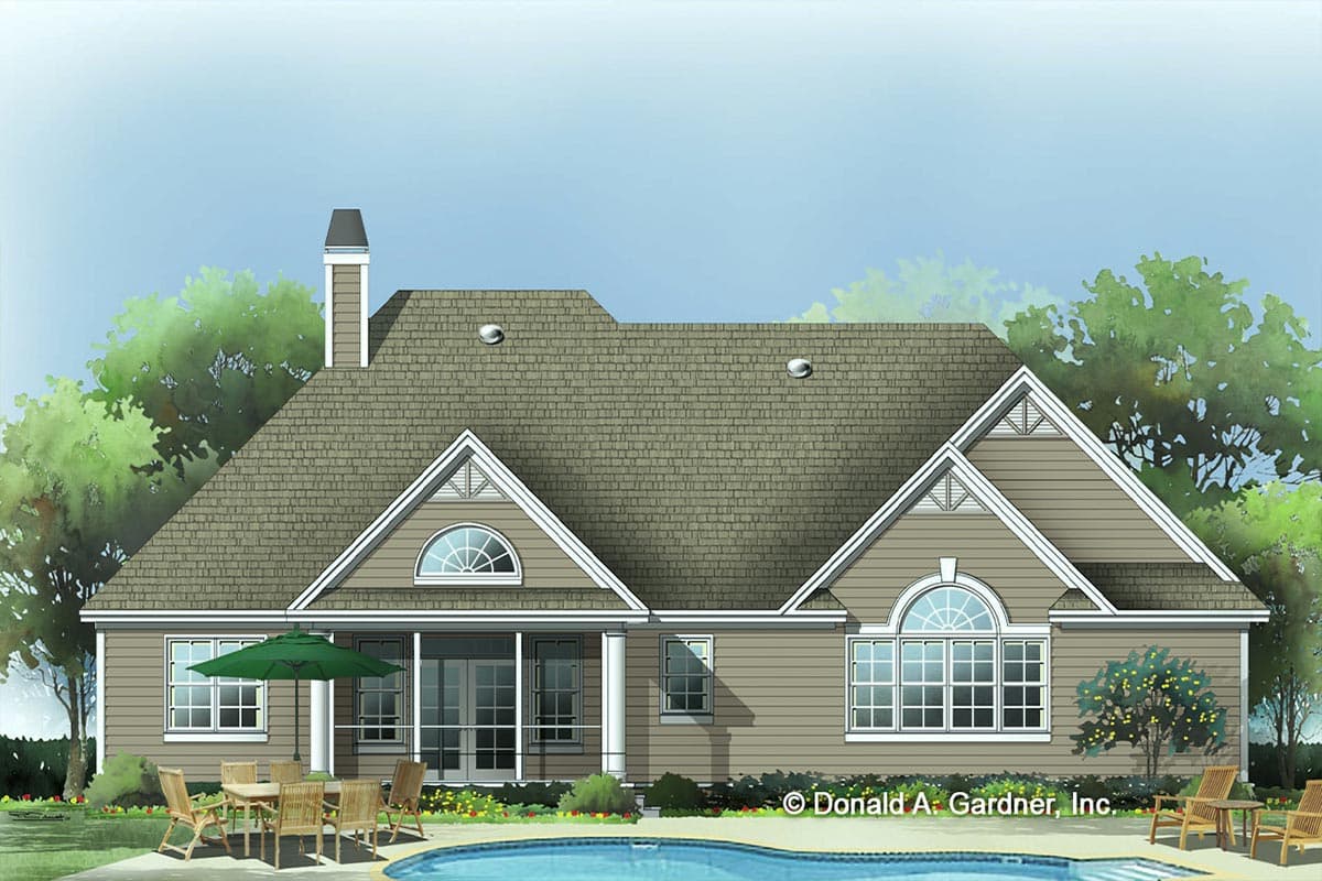House plan exterior view of a single-story home with gables, arched windows, screened porch, and pitched roof.