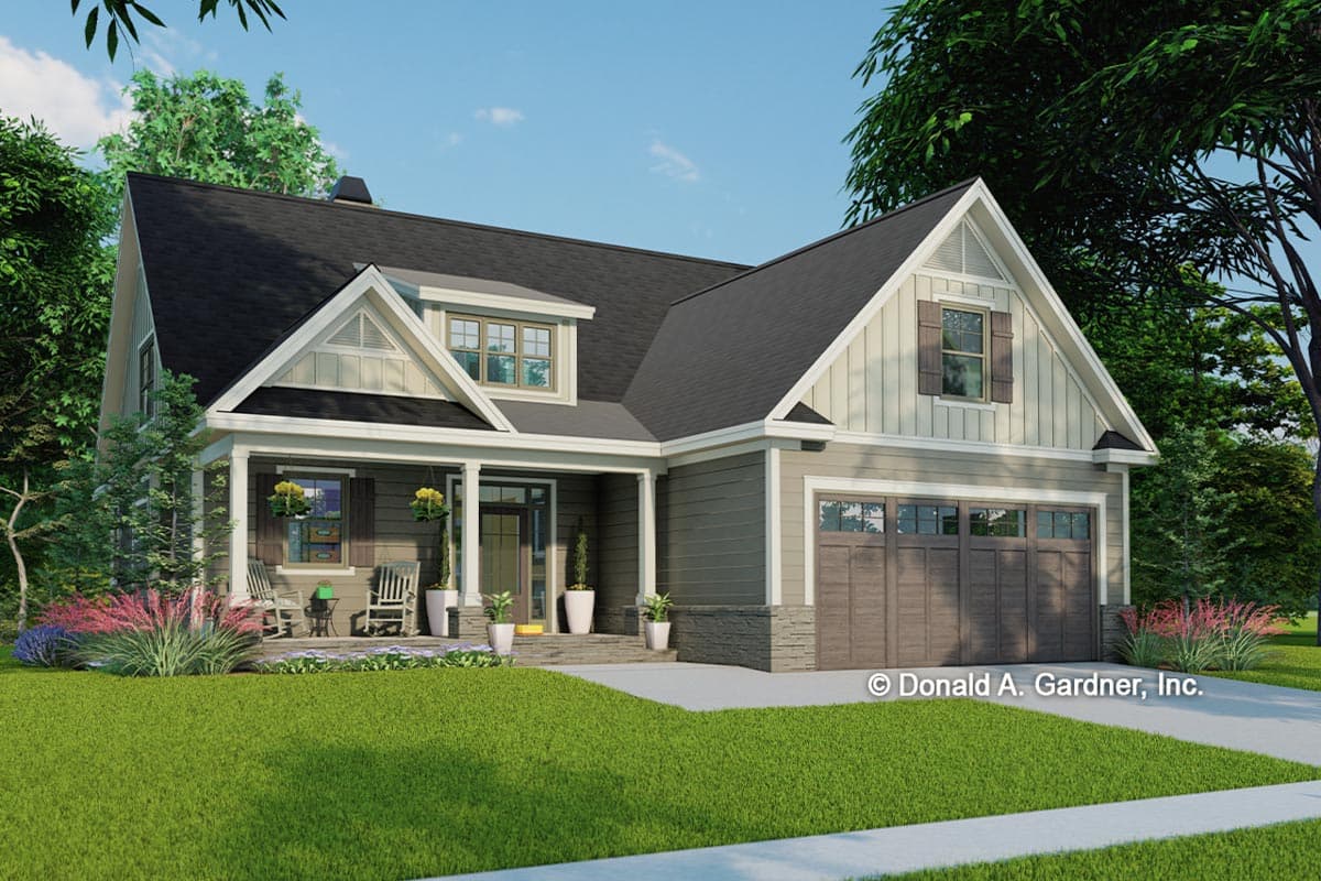 House plan exterior. Two-story Craftsman home with a front porch, multiple gables, and a two-car garage. Features include dormers and a mixed roofline.