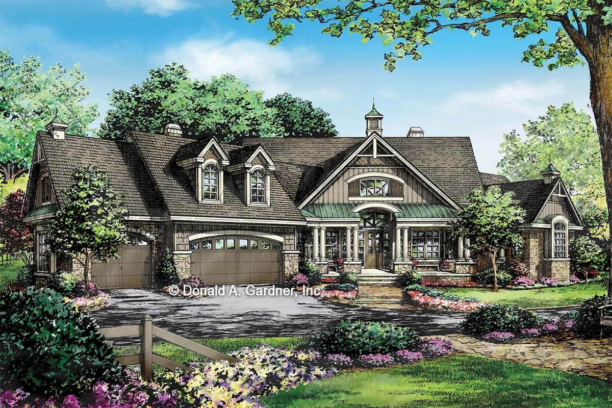 House plan exterior, one story, Modern Farmhouse style, with a covered porch, three-car garage, and multiple gables.