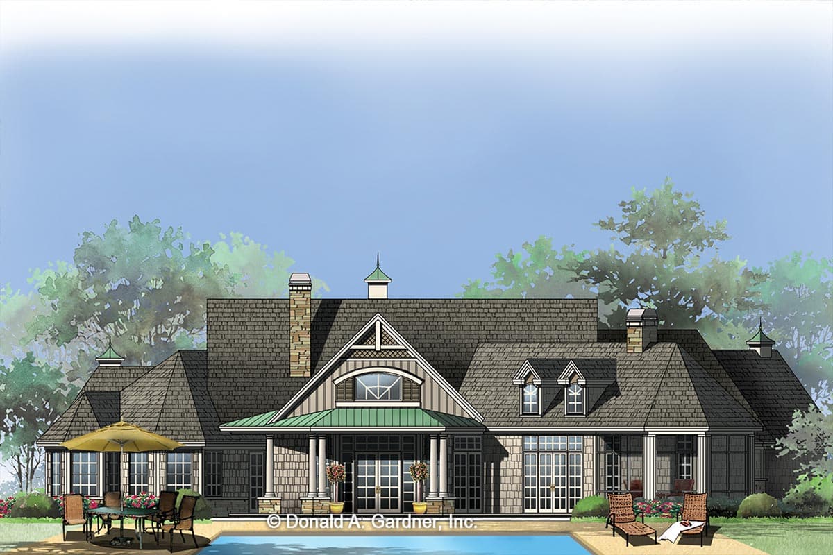 House plan exterior: Multi-story home with stone chimneys, gabled dormers, and a covered porch with columns.